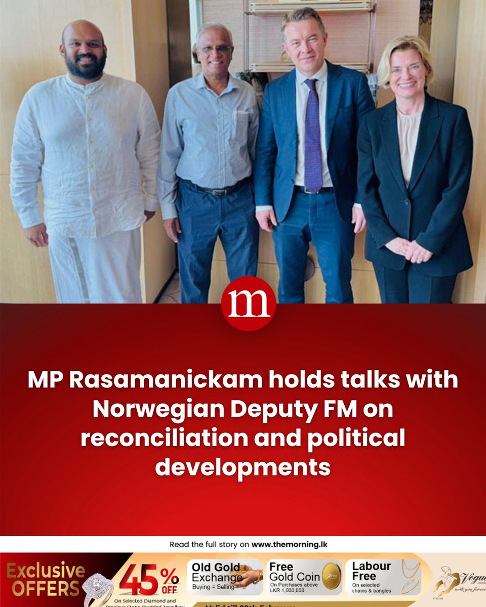 TheMorningLK's tweet photo. Ilankai Tamil Arasu Kadchi (ITAK) MPs Shanakiyan Rajaputhiran Rasamanickam and General Secretary M. A. Sumanthiran met with Norwegian Deputy Foreign Minister Andreas Kravik to discuss key issues including political developments, accountability, reconciliation. https://t.co/eBuXL4ckvD