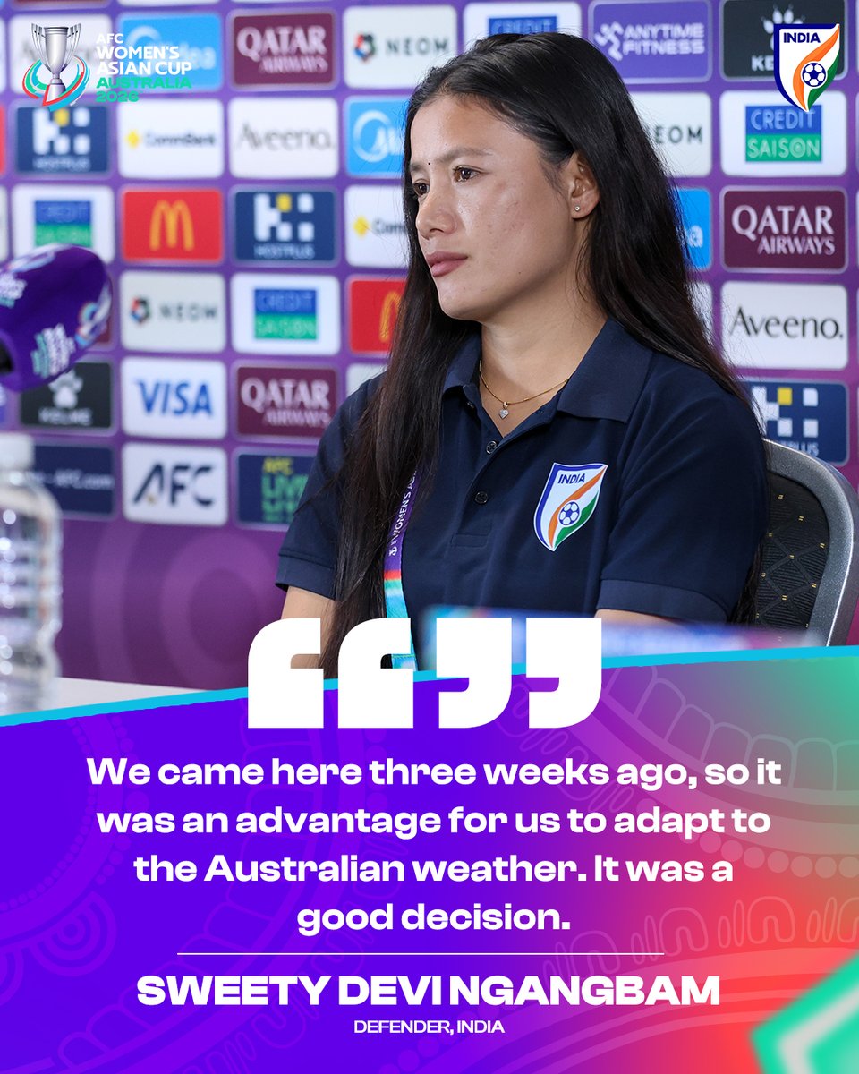 IndianFootball's tweet photo. After three weeks on the west coast, it's time to kick off the show! 💪

🎙️ #BlueTigresses defender Sweety Devi Ngangbam addressed the media in the pre-match press conference ahead of our #WAC2026 opener tomorrow 🇮🇳🇻🇳

#AsiaDream https://t.co/KdC1yfftRo