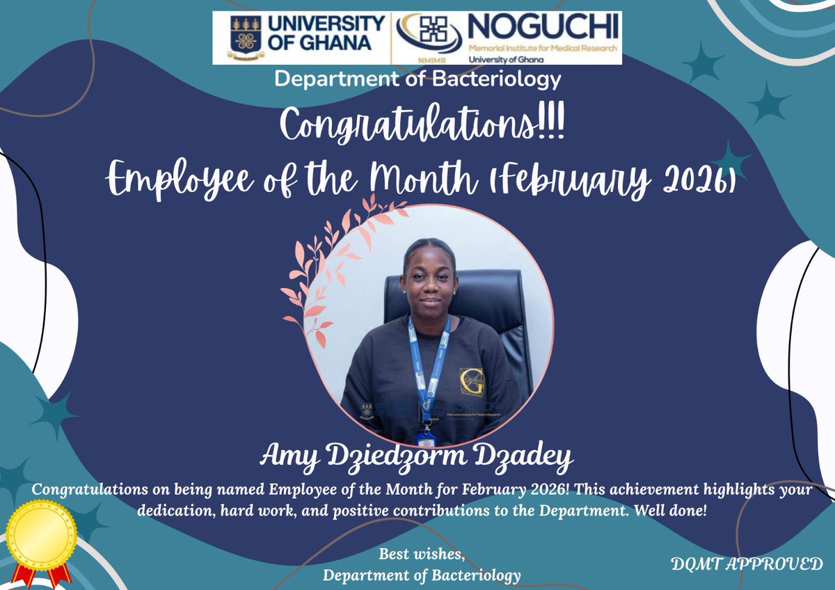 NoguchiBact's tweet photo. New month, new excellence to celebrate! 
🔬Employee of the Month (Feb 2026) :Amy Dziedzorm Dzadey 
🧪Lab Representative of the Month (Feb 2026) : Jennifer Seyram Amedior https://t.co/gx0uhslVb7