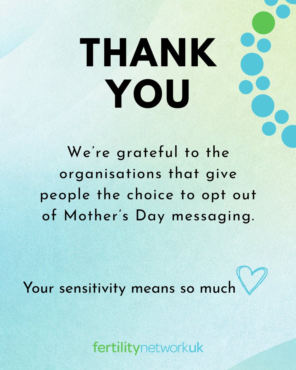FertilityNUK's tweet photo. Mother’s Day can be sensitive for many. Thank you to organizations that allow opting out of Mother’s Day emails. 

You're welcome to tag organisation offering this option so we can celebrate thoughtful practice together.

 #FertilityAwareness #MothersDaySensitivity #FNUK https://t.co/0ekkoKphhV