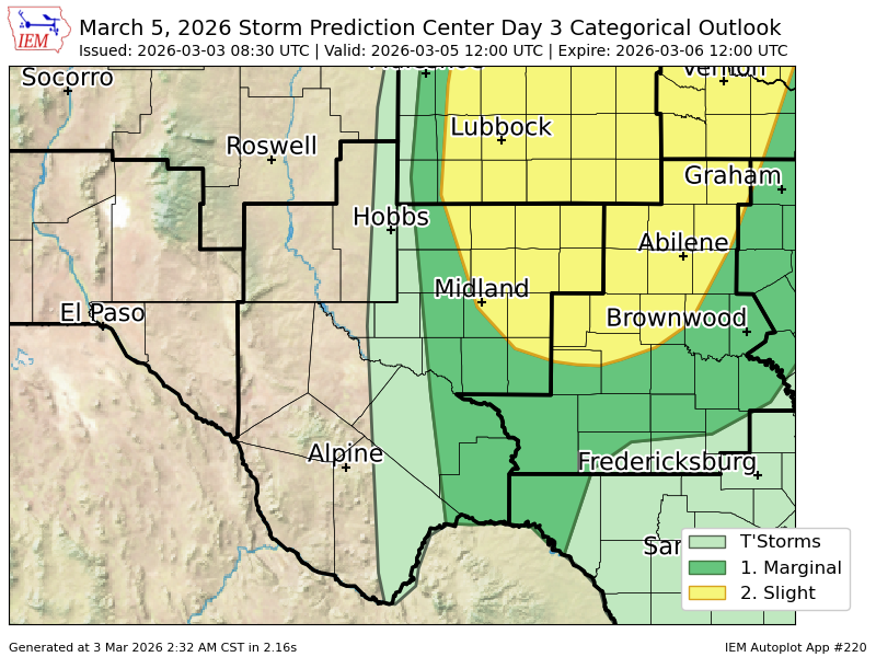 #SPC issues Day 3 Slight Convective Risk at Mar 3, 8:30z for MAF spc.noaa.gov/products/outlo…