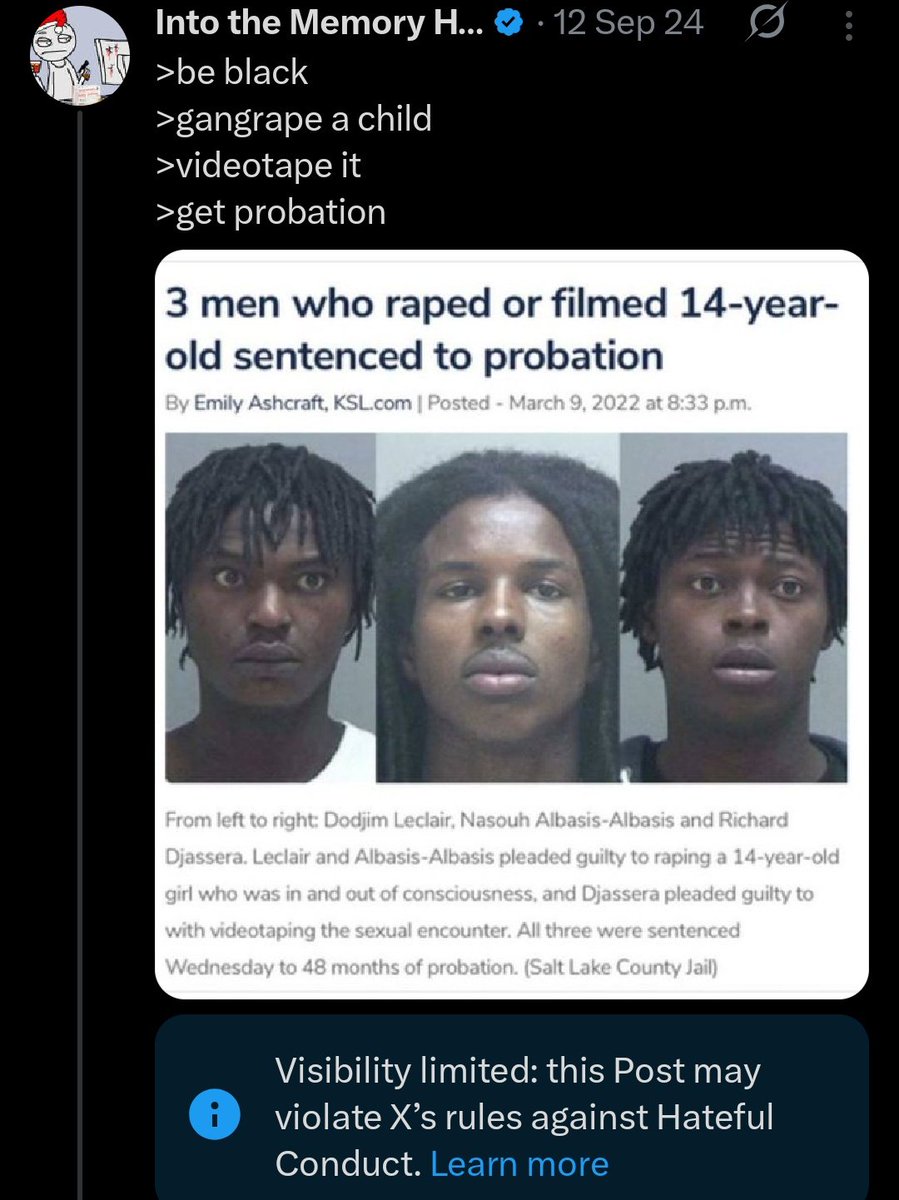 >be black
>gangrape a child
>videotape it
>get probation