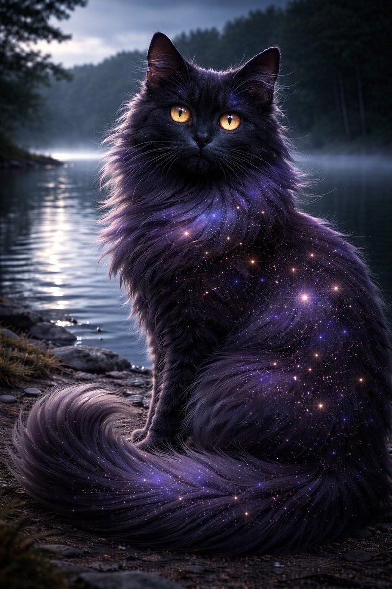nekocomplete's tweet photo. 紹介No.001｜星空猫（ほしぞらねこ）

生息地：
星が水面に落ちる夜の湖畔

生態：
・毛並みに夜空と同じ星���が流れている
・水面に映る姿はわずかに異なる
・強い願いの近くにだけ現れる
 •強いストレスを感じると星が消える

※完全な静寂の中でのみ観測例あり。
#まぼろし猫図鑑#猫#ファンタジー https://t.co/RR0IxIbAK3