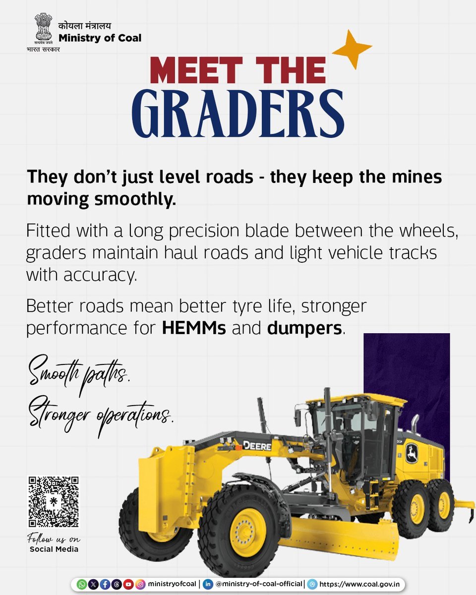 Graders play a crucial role in maintaining haul roads and light vehicle tracks across mines, ensuring smoother movement of HEMMs and dumpers, improving tyre life and enhancing operational efficiency.

Because strong roads build stronger mining operations.

#Graders