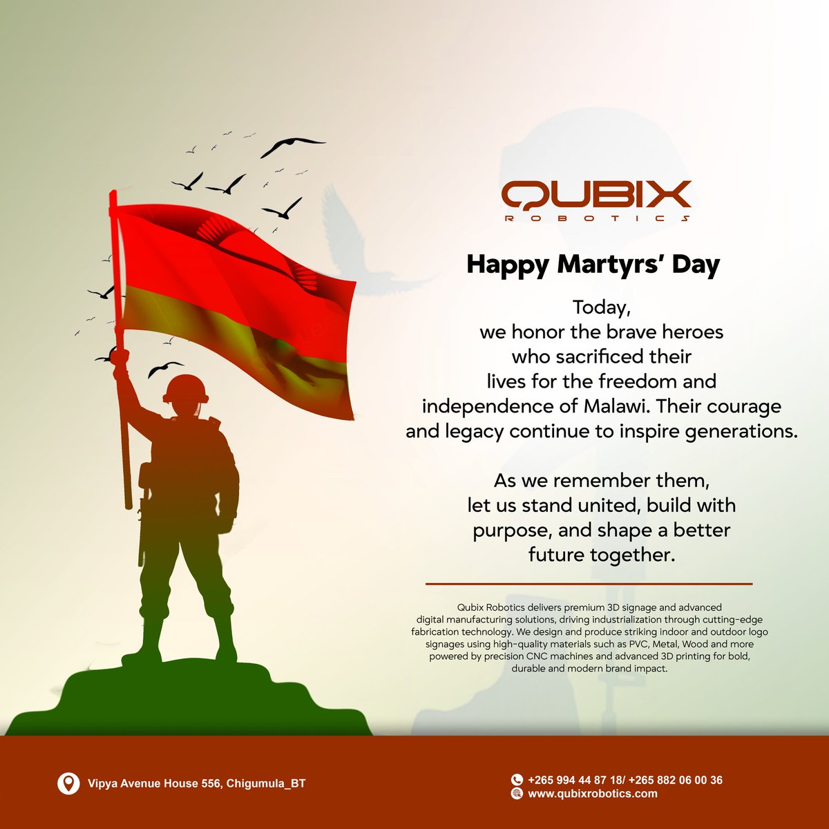 QubixRobotics's tweet photo. Happy Martyrs' Day 🇲🇼 

#3dprinting #3DSignage #cnc #cncmachining #digitalmanufacturing #robotics https://t.co/X6C80t7WDu