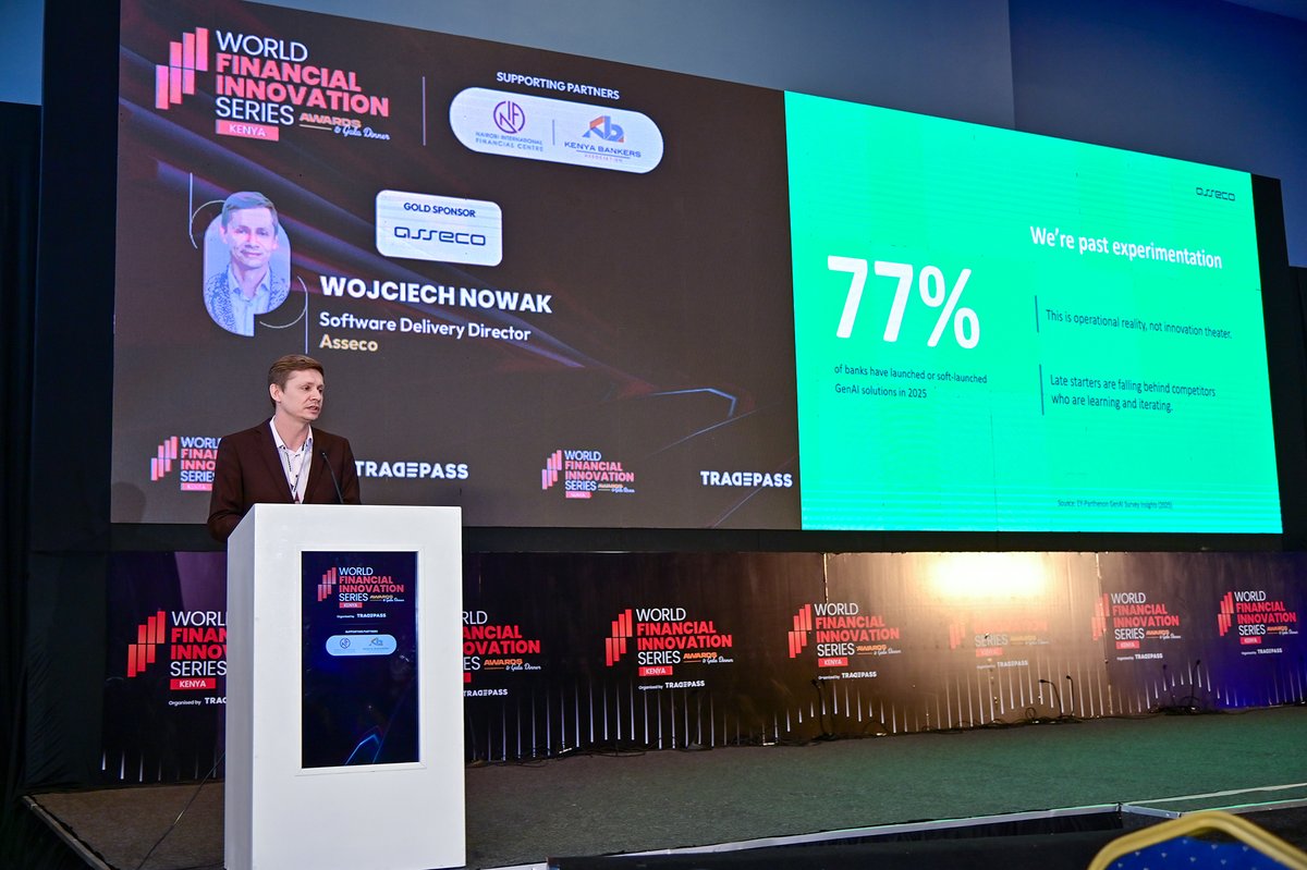 Tradepassglobal's tweet photo. Wojciech Nowak, Software Delivery Director, Asseco emphasizes on compliance being the starting point for AI adoption, with resilience and risk sensing built in before customer-facing solutions are introduced.

#WFISKenya #WFISKenya2026 https://t.co/JMjzH3t1bK