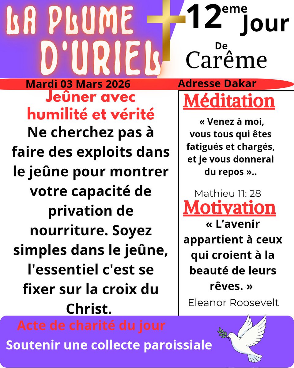 Fran_Diegane's tweet photo. Jeûner avec humilité et vérité
#careme2026 #Senegal #catholique https://t.co/Ed25U6207t