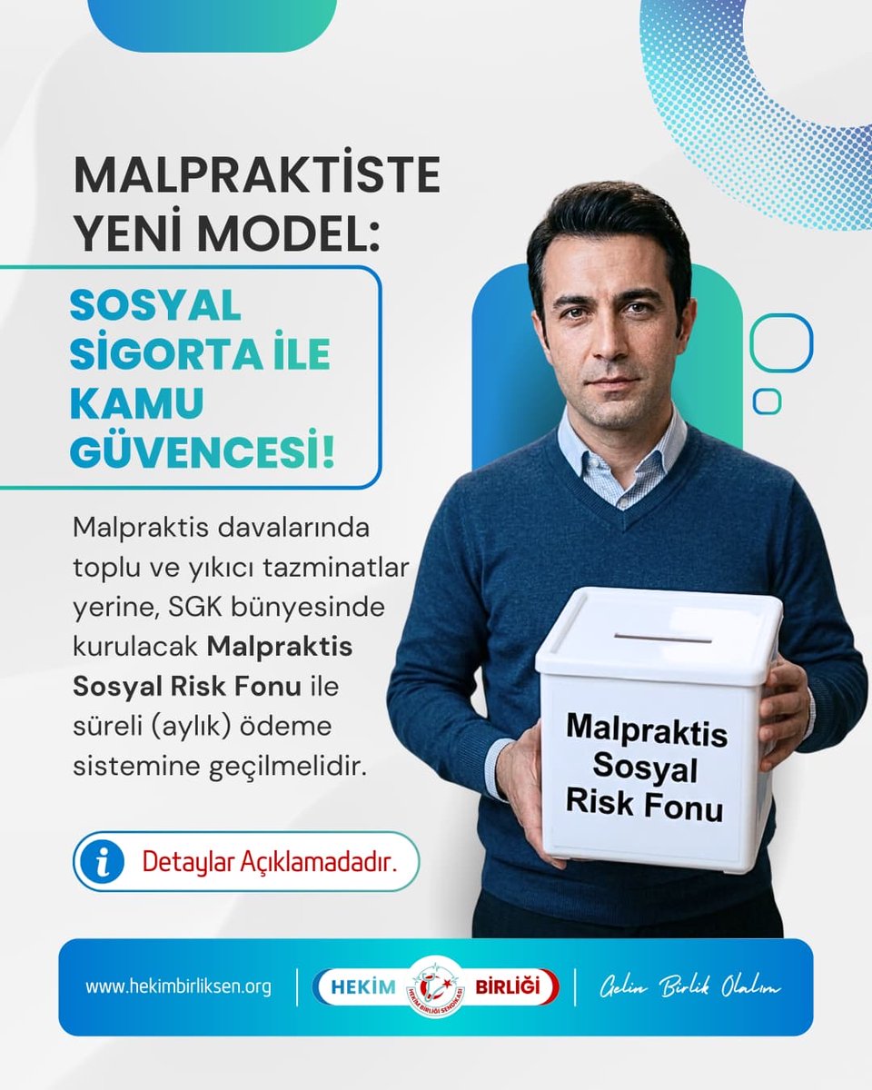 hekim_birligi's tweet photo. 🚨 MALPRAKTİSTE YENİ MODEL: SOSYAL SİGORTA İLE KAMU GÜVENCESİ! 🚨

Trafik sigortasında olduğu gibi; küçük ve yaygın katkılarla büyük risklerin yönetildiği bir sistem sağlıkta da mümkündür.

Malpraktis davalarında toplu ve yıkıcı tazminatlar yerine, SGK bünyesinde kurulacak Malpraktis Sosyal Risk Fonu ile süreli (aylık) ödeme sistemine geçilmelidir.

Anayasa’nın sosyal devlet ve sağlık hakkı hükümleri bu dönüşüme imkân tanımaktadır.
5510 sayılı Kanun’a eklenecek düzenleme ile; doğrudan dava yerine önce uzman kurul değerlendirmesi yapılmalı, tazminat bilimsel ve hukuki ölçütlerle belirlenmelidir.

Muayene başına 2–3 TL sembolik katkı ile yıllık 2–3 milyar TL’lik sürdürülebilir bir fon oluşturmak mümkündür.

Hekimi yıkımdan koruyan, hastayı güvence altına alan, yargıyı rahatlatan bir sistem mümkündür.

https://t.co/NBwpp24dXr

@saglikbakanligi @drmemisoglu @sgksosyalmedya
