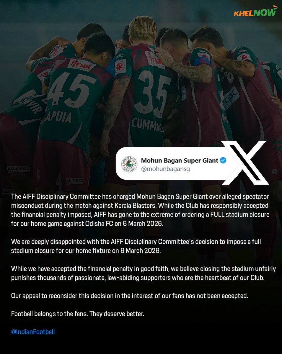 KhelNow's tweet photo. Mohun Bagan Super Giant expressed strong disappointment after the AIFF ordered a full stadium closure for their March 6 home match against Odisha FC! 

This follows disciplinary action related to a previous game against Kerala Blasters. The club said it accepted the fine but believes the decision unfairly impacts genuine supporters.

#IndianFootball #ISL #indiansuperleague