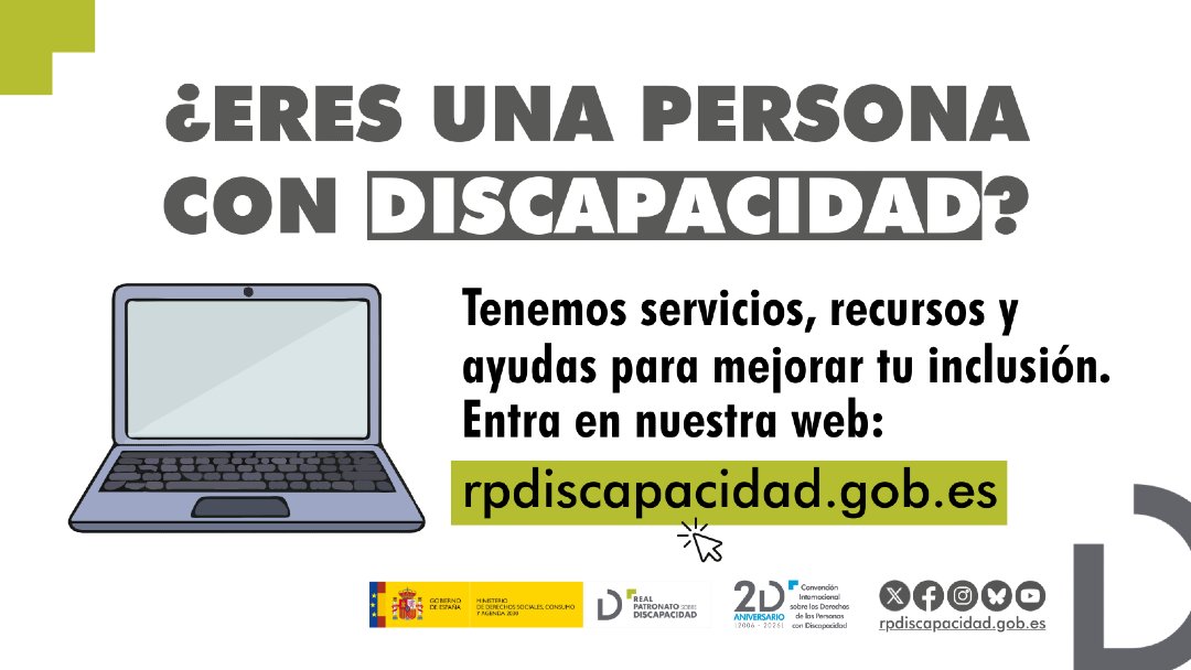 Tenemos 𝐫𝐞𝐜𝐮𝐫𝐬𝐨𝐬, 𝐬𝐞𝐫𝐯𝐢𝐜𝐢𝐨𝐬 𝐲 𝐚𝐲𝐮𝐝𝐚𝐬 para mejorar tu #inclusión.

Entra en este enlace 👇

🔗 rpdiscapacidad.gob.es/servicios/serv… 🔗