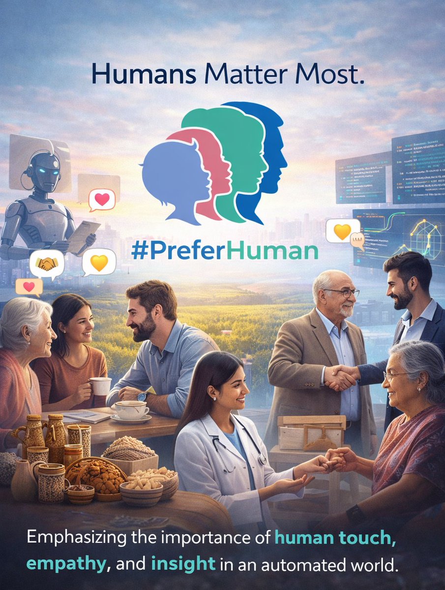 PreferHuman's tweet photo. In a world driven by automation, we choose connection. 🤝Behind every great business is empathy, creativity, and human understanding — something no machine can replace. Technology can assist.
But humans inspire. ❤️We proudly support businesses that put people first.#PreferHuman https://t.co/DqrOzsWHeM