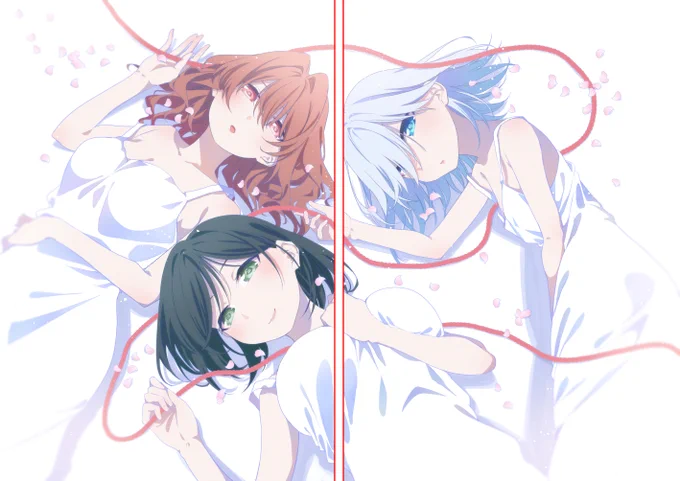 【当時の裏話】 本になる以上、見開きのイラストは真ん中が潰れてしまうので真ん中にキャラの顔がいかないよう気をつけないといけないのですが、3人だと普通に横並びにすると誰か真ん中にいっちゃうのでそれを避けつついい感じに配置する構図に毎度めっちゃ悩みながら描いていました。