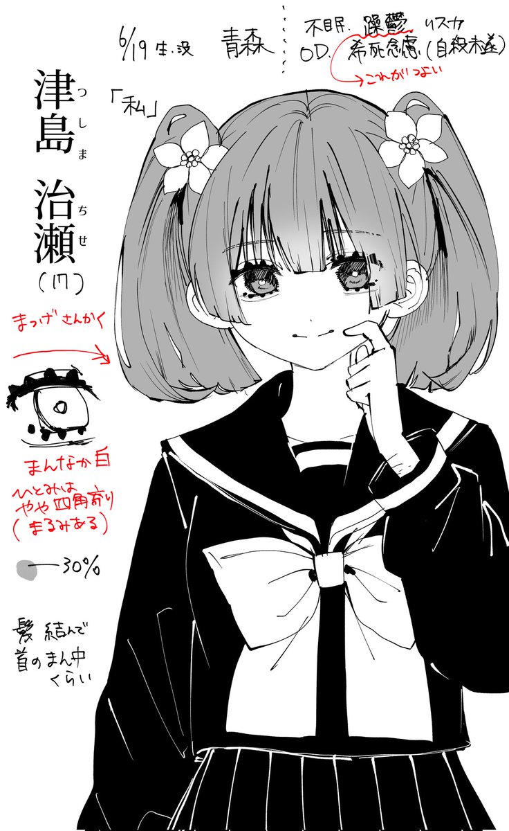 主人公①
のキャラデザを公開します!
『モモノハナ、ユリノハナ』は創作百合作品になります。

🍒津島治瀬(17歳) 