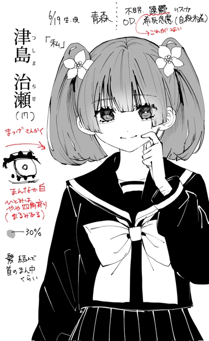主人公①
のキャラデザを公開します!
『モモノハナ、ユリノハナ』は創作百合作品になります。

🍒津島治瀬(17歳) 