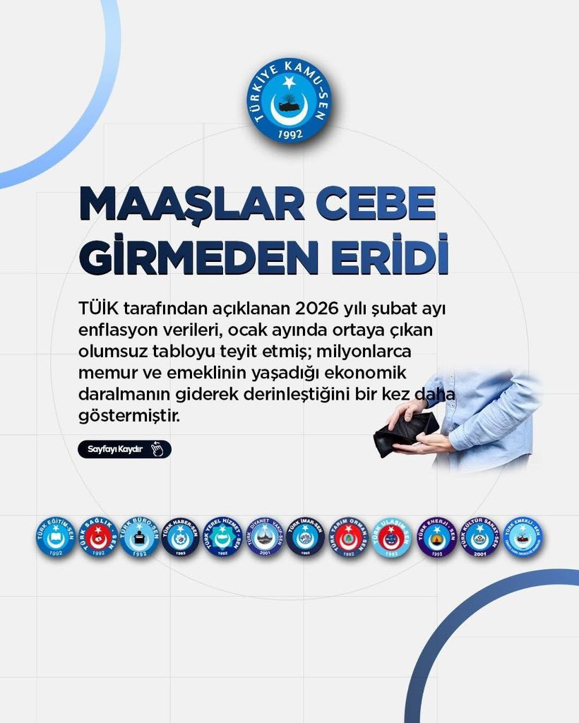 ttosgm's tweet photo. MAAŞLAR CEBE GİRMEDEN ERİDİ
 
💢TÜİK tarafından açıklanan 2026 yılı şubat ayı enflasyon verileri, ocak ayında ortaya çıkan olumsuz tabloyu teyit etmiş; milyonlarca memur ve emeklinin yaşadığı ekonomik daralmanın giderek derinleştiğini bir kez daha göstermiştir. https://t.co/heDQT8UABi