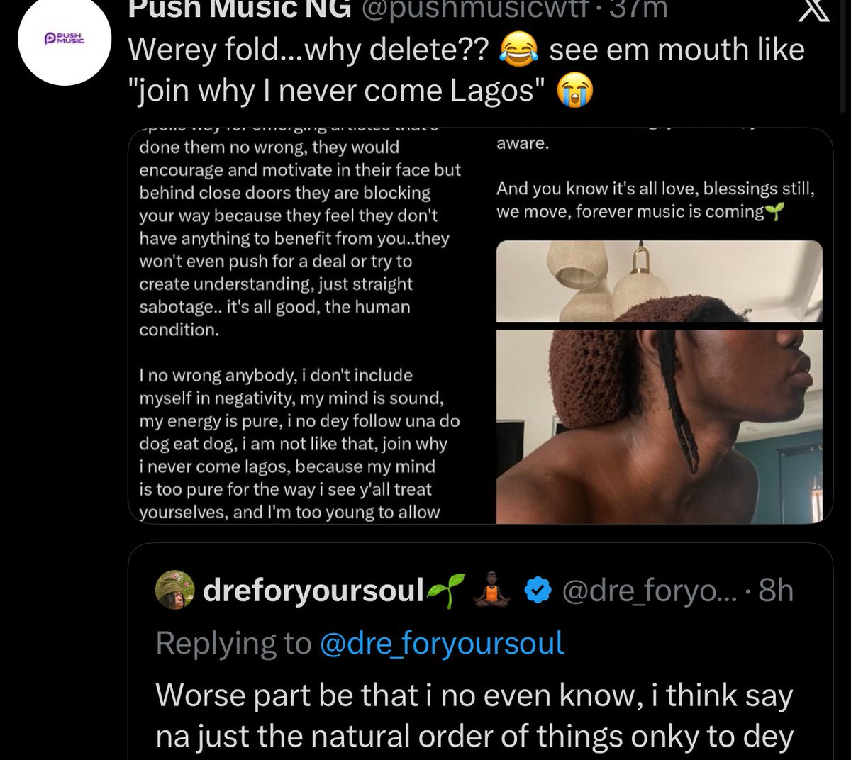 PLEASE HELP ME TELL THIS RETARDED SUPPOSED MUSIC EXECUTIVE <a href="/pushmusicwtf/">Push Music NG</a>  TO REST AND MOVE ON FROM ME, I BLOCKED YOU ALMOST A YEAR NOW BECAUSE YOU'RE A CLOUT CHASER WITH NO HONOUR, YOU ARE FULL OF NEGATIVITY AND SHIT AND YOUR ENERGY RADIATES PROBLEMS WHICH YOU ARE ALREADY