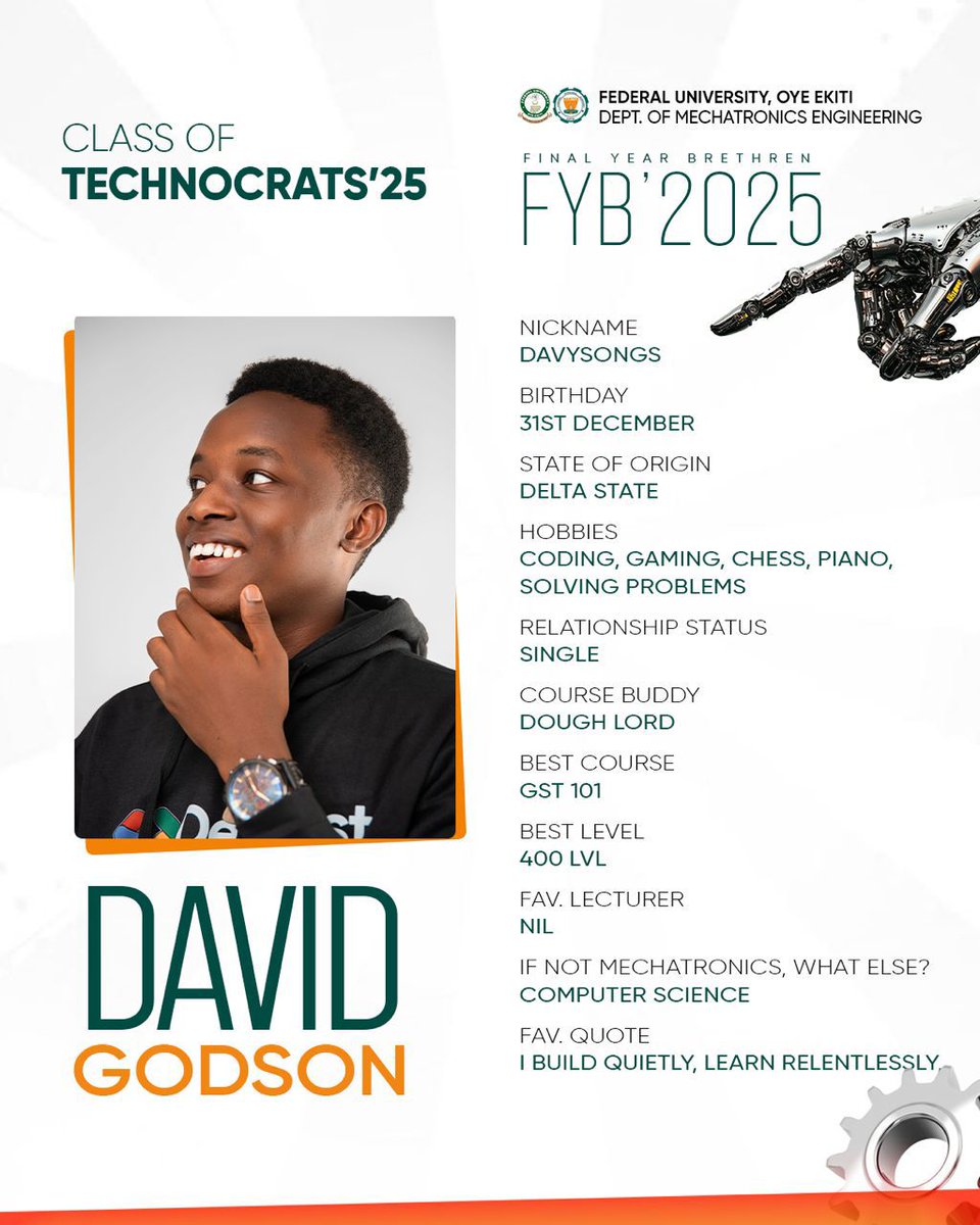 namtesofficial's tweet photo. David Godson (Davysongs)
Technocrats ’25

Sharp-minded and quietly confident, David is a true problem solver. From coding to chess, he moves with strategy and precision. https://t.co/cq0d2nKZFL