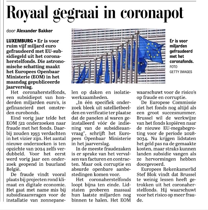 5 miljard aantoonbaar gefraudeerd met coronaherstelfonds. En dat wordt nog wel 50, want in totaal wordt bijna 1000 miljard verstrekt. 5% fraude is de norm. Maar in de EU kan dat nog veel meer worden. ⁦<a href="/MinPres/">Rob Jetten</a>⁩ heeft zijn goedkeuring gegeven aan het coronaherstelfonds.