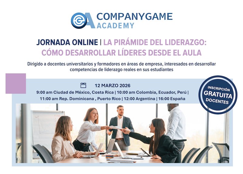 🚀 JORNADA ONLINE | La Pirámide del Liderazgo

📅 12 de marzo | ⏰ 9:00 AM (GMT -6) | ⏳ 90 min

Aprende a desarrollar el liderazgo desde el aula y aplicar la Pirámide en clase.

Con MBA Alberto Marín (CEO de CompanyGame) y MBA Daniel Torras.

🔗 companygame.academy/#taller126
