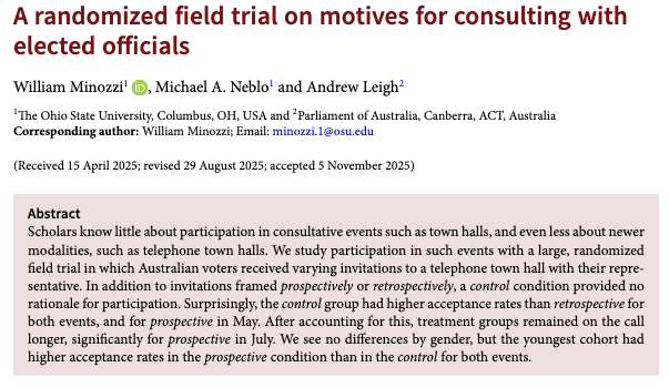 PSRMJournal's tweet image. 📞 What motivates participation in consultative events?

➡️ In a field trial with Australian voters, W Minozzi, @MichaelNeblo &amp;amp; @ALeighMP show that generic invites increased uptake, while some framed messages kept participants on the call longer cambridge.org/core/journals/… #FirstView