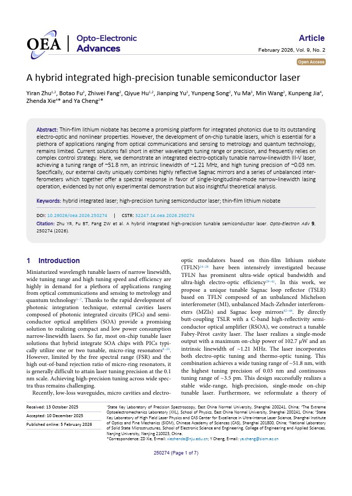 OptoElectronAdv's tweet photo. #OEA_highlight A hybrid integrated high-precision tunable semiconductor laser https://t.co/DG7zSkzHtW by Prof. #Zhenda_Xie @NJU1902 #Ya_Cheng @ECNUER #hybrid #integrated #laser #high_precision #semiconductor #thin_film #lithium_niobate #LNO https://t.co/HZG20EXs6n