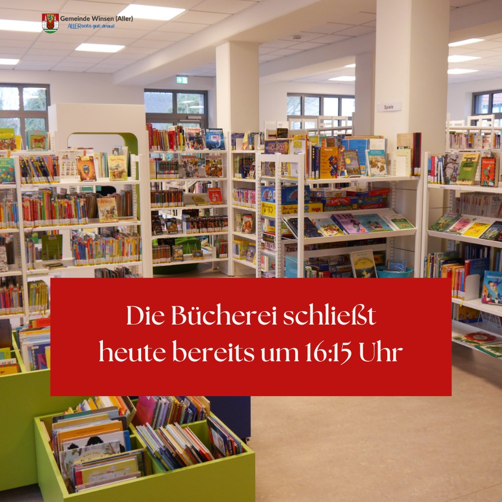 Am heutigen Dienstag, dem 3. März 2026 öffnet die Gemeindebücherei aus betrieblichen Gründen nur von 14:30 bis 16:15 Uhr.

Wir danken für ihr Verständnis. 

#BüchereiWinsen #Öffnungszeiten #WinsenAller #GemeindeWinsenAller