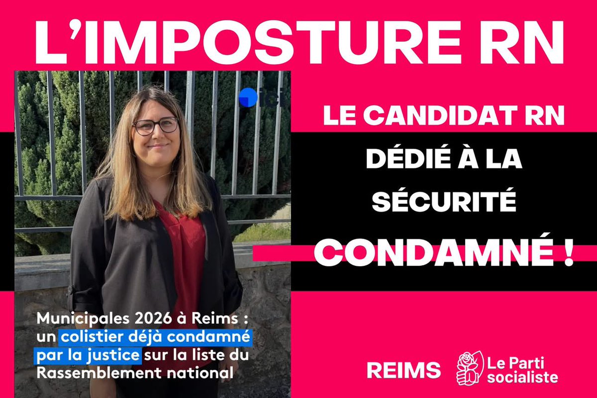 PS_Reims's tweet photo. Le #RN le parti qui compte le plus d’élus et de collaborateurs visés par la justice. À #Reims, la presse vient de dévoiler que le candidat RN sur la liste de @asfrigout a été condamné par la justice. 
Le pire c’est que celui-ci était destiné à devenir adjoint à la sécurité https://t.co/fAINcFVk6y