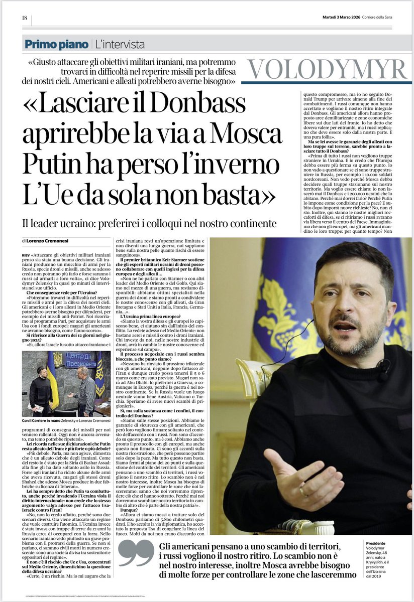 UKRinIT's tweet photo. 📰 Leggete l’intervista completa del Presidente dell’Ucraina Volodymyr Zelenskyy al Corriere della Sera https://t.co/Uq0gt3h9hc