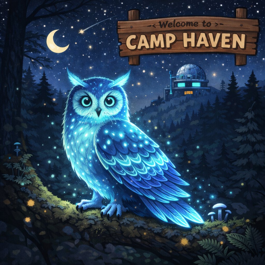 yusuke67980350's tweet photo. Tonight in Camp Haven’s forest, I encountered a glowing owl watching quietly from the trees.
It didn’t feel threatening — more like a guardian of hidden knowledge. As its feathers shimmered in the dark, I felt reminded that even at night, curiosity lights the way. 
@DataHaven_xyz https://t.co/CZvXsrp4mY