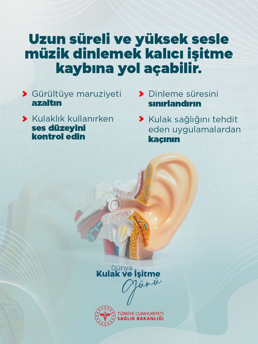 Uzun süreli ve yüksek sesle müzik dinlemek kalıcı işitme kaybına yol açabilir.

 #DünyaKulakveİşitmeGünü