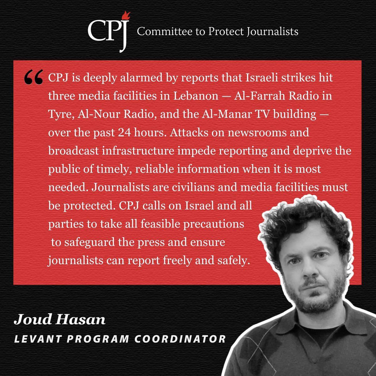 #Lebanon: CPJ is deeply alarmed by reports that Israeli strikes hit three media facilities in Lebanon — Al-Farrah Radio in Tyre, Al-Nour Radio, and the Al-Manar TV building — over the past 24 hours. Attacks on newsrooms and broadcast infrastructure impede reporting and deprive