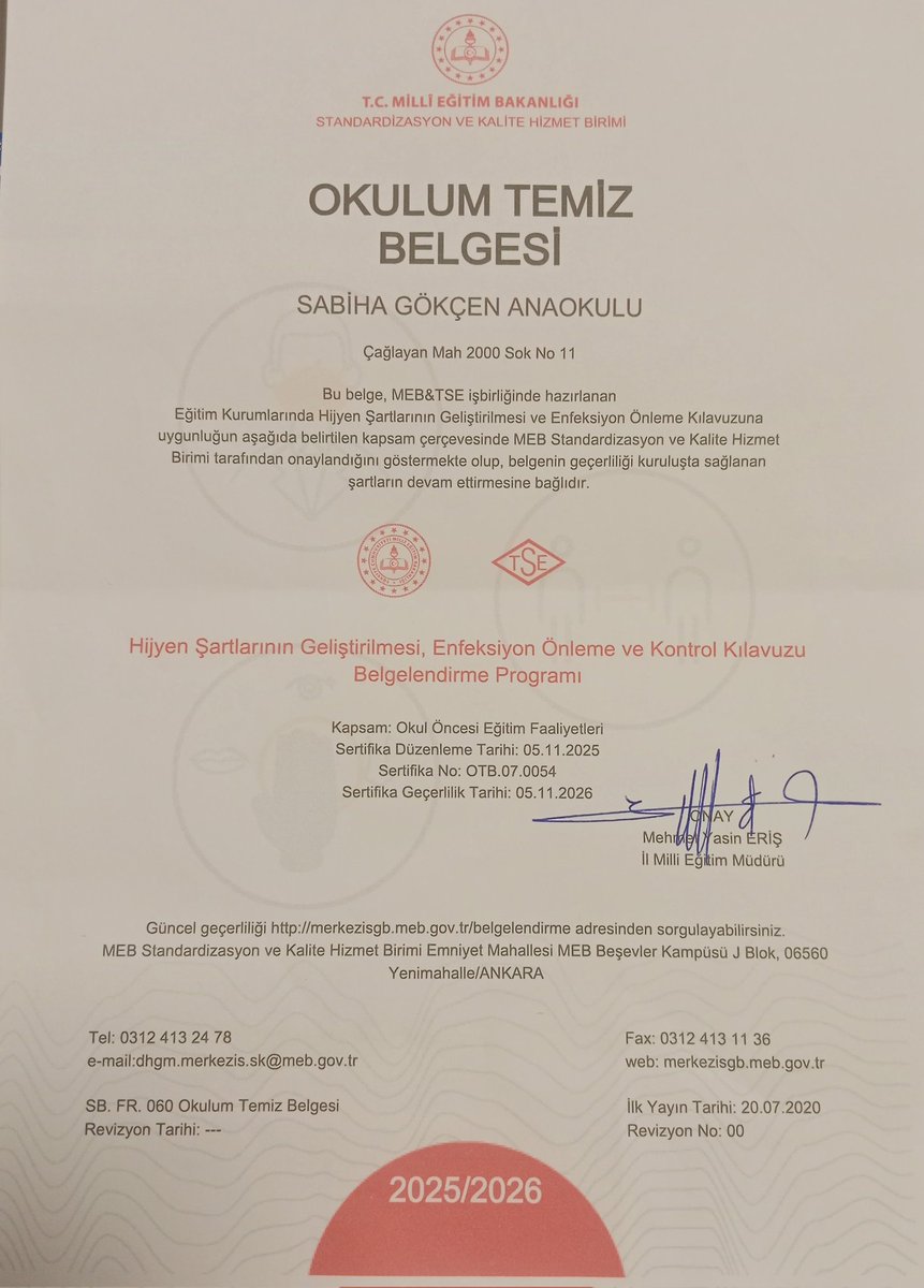 Okulumuz, 2025/2026 eğitim-öğretim dönemini kapsayacak şekilde yapılan denetimleri başarıyla tamamlayarak Okulum Temiz Belgesini yenilemiştir.
<a href="/fatmatutkunnn/">Fatma Tutkun</a>