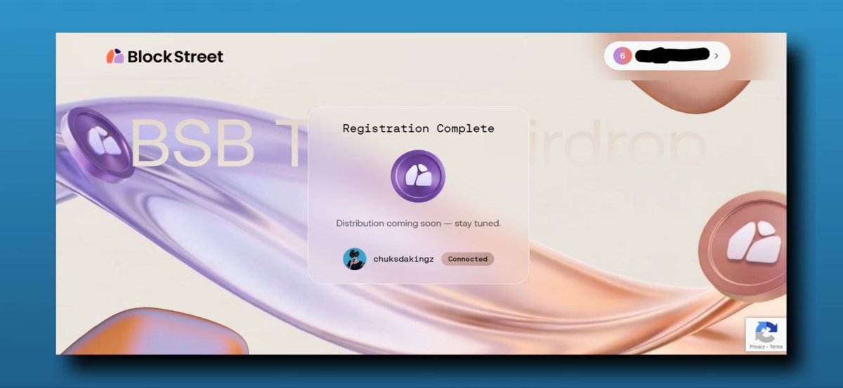 Chuksdakingz's tweet image. blockstreet airdrop registration is live

possible eligibility criteria:
1. testnet
2. taskon role holders (100 BSD tokens)
3. OG role holders

register here: blockstreet.money/airdrop
1. connect your wallet
2. connect discord (taskon and og role holders)
3. verify your email
4.