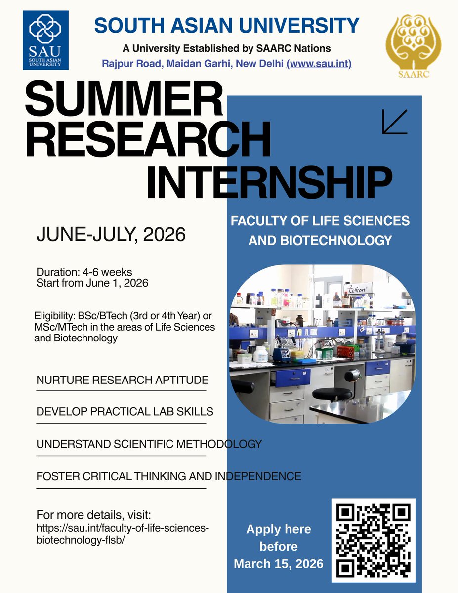 SouthAsianUni's tweet photo. The Faculty of Life Sciences and Biotechnology has opened a Summer Research Internship program.
Click here to apply: https://t.co/UYgzk21Vd0
#SummerResearchInternship #SouthAsianUniversity #LifeSciences #BiotechnologyResearch #ResearchOpportunity #Internship2026 #STEMStudents #HigherEducation #Applynow