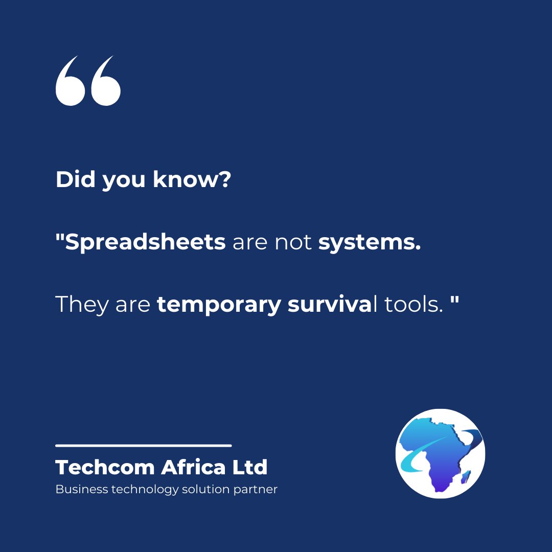 Techcomafrica's tweet photo. Did you know?

Spreadsheets are not systems.
They are temporary survival tools.

They help you manage chaos.
They do not eliminate it.

As your business grows, files multiply.
Versions clash.

A spreadsheet tracks data.
A system drives operations. https://t.co/rtovbpD6dg