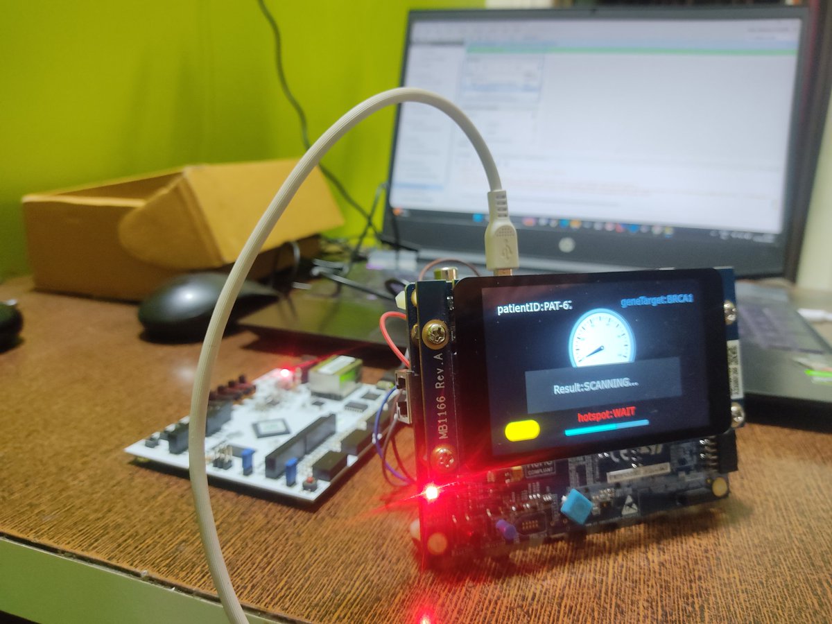 ArpitC20105's tweet photo. Bypassing cloud latency and privacy risks, I build BioEdge: a completely offline, heterogeneous hardware accelerator. By pairing an @AMD FPGA with an @ST_World STM32 microcontroller, this dual-node architecture calculates complex Polygenic Risk Scores (BRCA1, TP53, EGFR). https://t.co/syU9nqRxGt