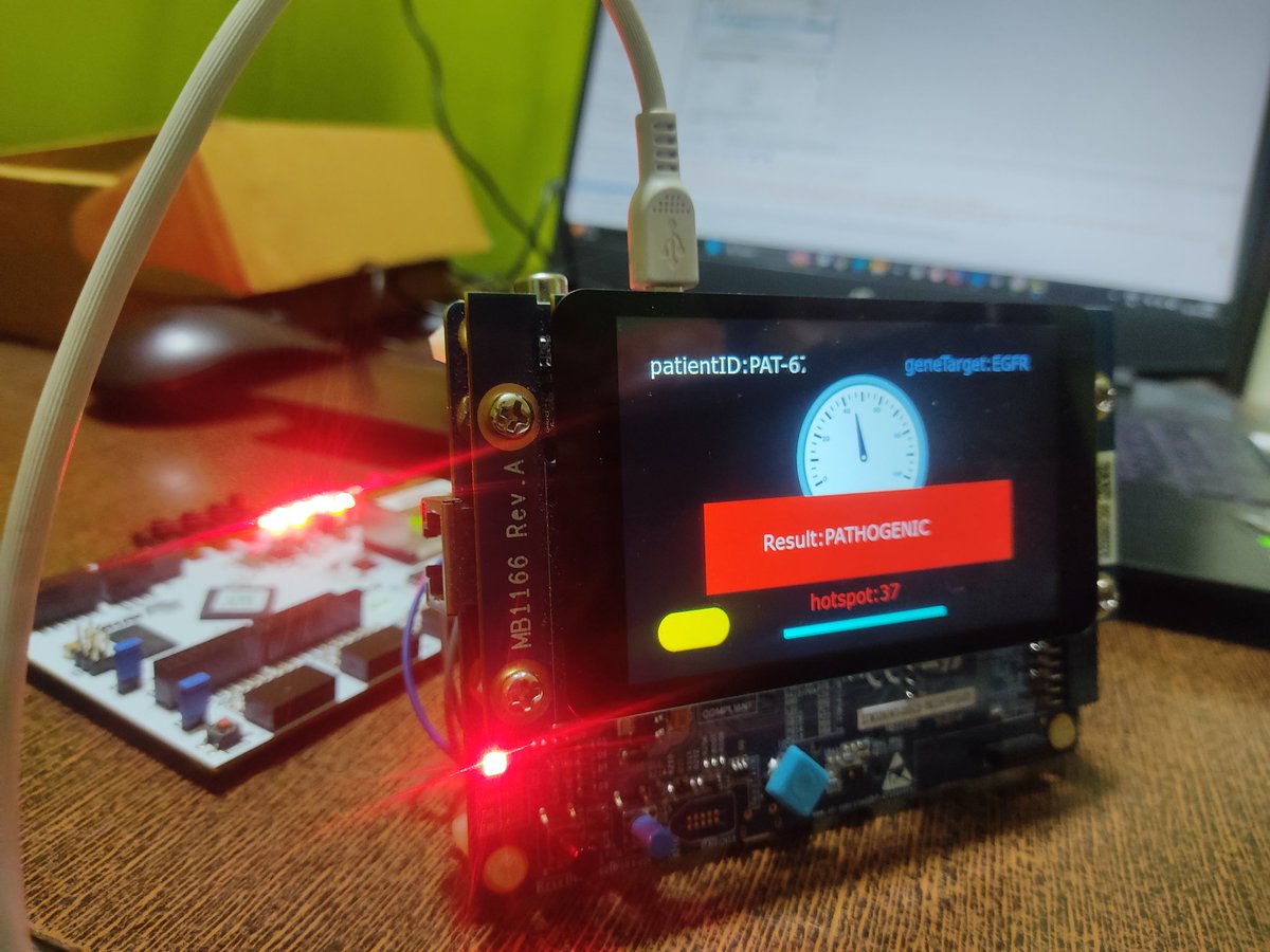 ArpitC20105's tweet photo. Bypassing cloud latency and privacy risks, I build BioEdge: a completely offline, heterogeneous hardware accelerator. By pairing an @AMD FPGA with an @ST_World STM32 microcontroller, this dual-node architecture calculates complex Polygenic Risk Scores (BRCA1, TP53, EGFR). https://t.co/syU9nqRxGt