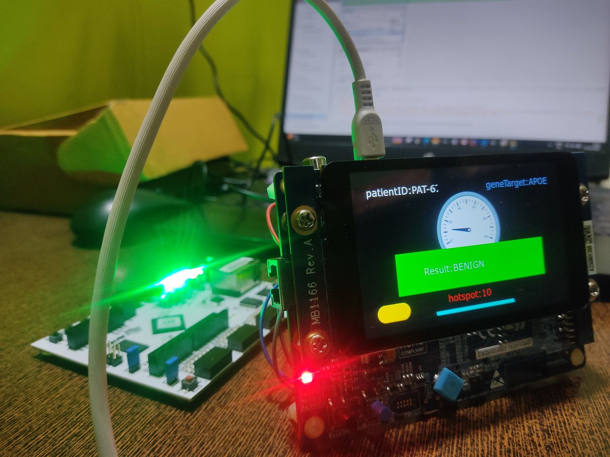 ArpitC20105's tweet photo. Bypassing cloud latency and privacy risks, I build BioEdge: a completely offline, heterogeneous hardware accelerator. By pairing an @AMD FPGA with an @ST_World STM32 microcontroller, this dual-node architecture calculates complex Polygenic Risk Scores (BRCA1, TP53, EGFR). https://t.co/syU9nqRxGt
