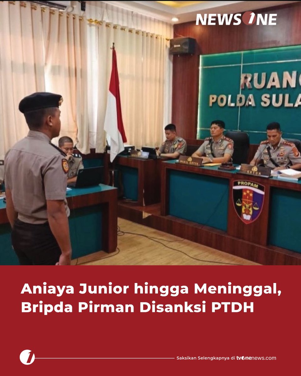 tvOneNews's tweet photo. Bidang Profesi dan Pengamanan Kepolisian Daerah Sulawesi Selatan menjatuhkan sanksi Pemecatan dengan Tidak Hormat (PTDH) bagi Bripda Pirman usai menganiaya juniornya Bripda Dirja Pratama hingga meninggal.
#HardNews_Hukum #NewsOne #CariBeritaditvOne #BripdaPirman #PTDH #NO04 https://t.co/i5uJKowEx4