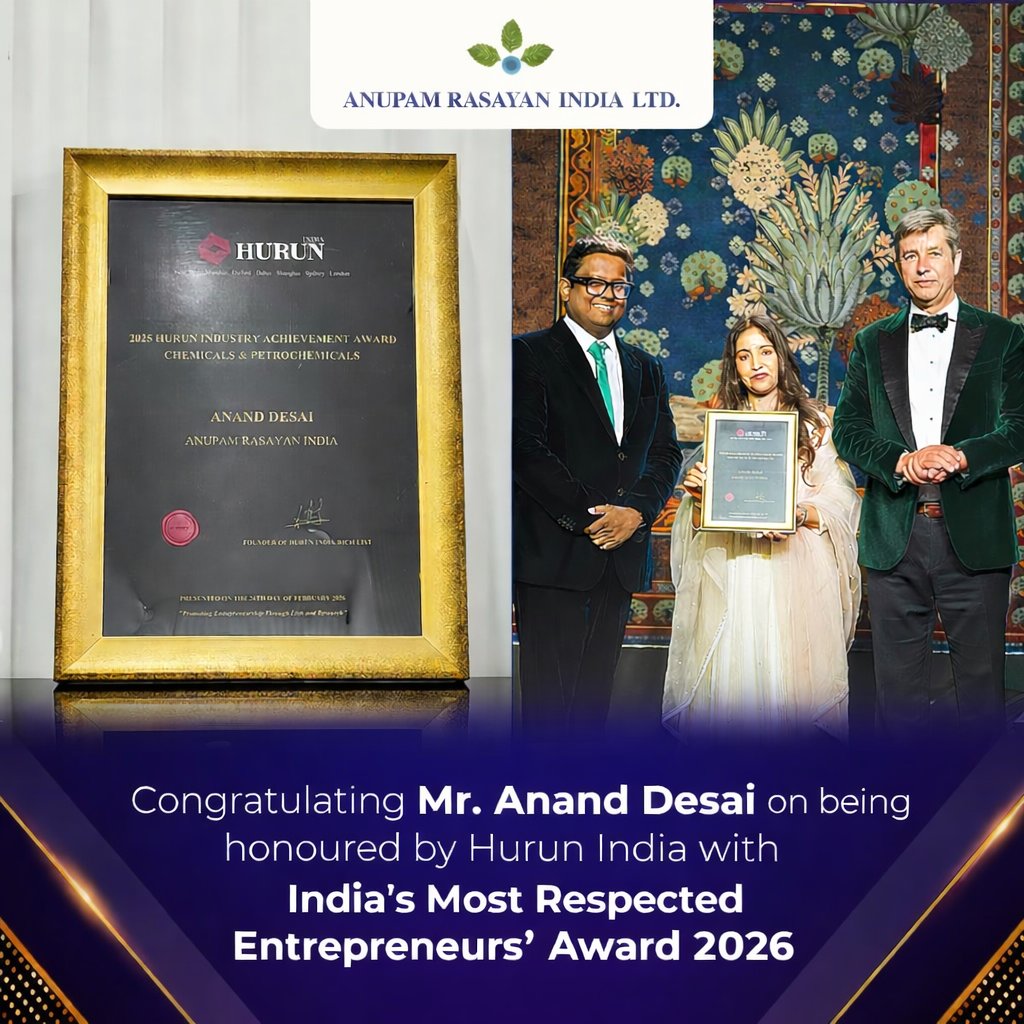 Awarded. Recognised. Celebrated.

#AnupamRasayan India Limited wins the Hurun Industry Achievement Award 2025-26 at India’s Most Respected Entrepreneurs Awards 2026.

Received by Mrs. Mona Anand Desai.

A proud milestone for our team!

#HurunIndia