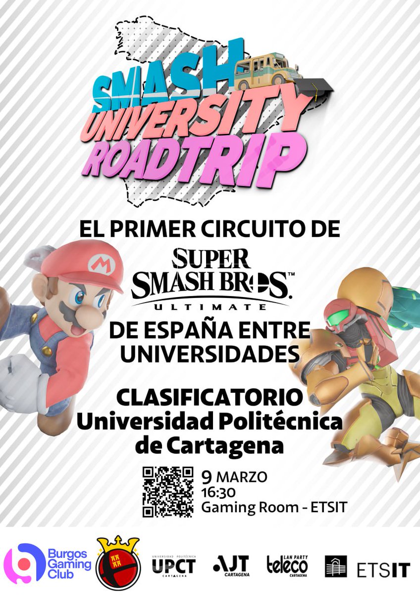 UPCTEsports's tweet photo. 🎮 ¡Atención! Llega el Smash University Roadtrip.

¿Eres el mejor de la UPCT en Super Smash Bros. Ultimate? 💥 Demuéstralo en el primer circuito interuniversitario de España.

📅 9 de marzo
🕟 16:30h
📍 Gaming Room - ETSIT

¡Inscríbete ya! 👇
https://t.co/F1CLUadMPr https://t.co/Y3BiQTeaOQ