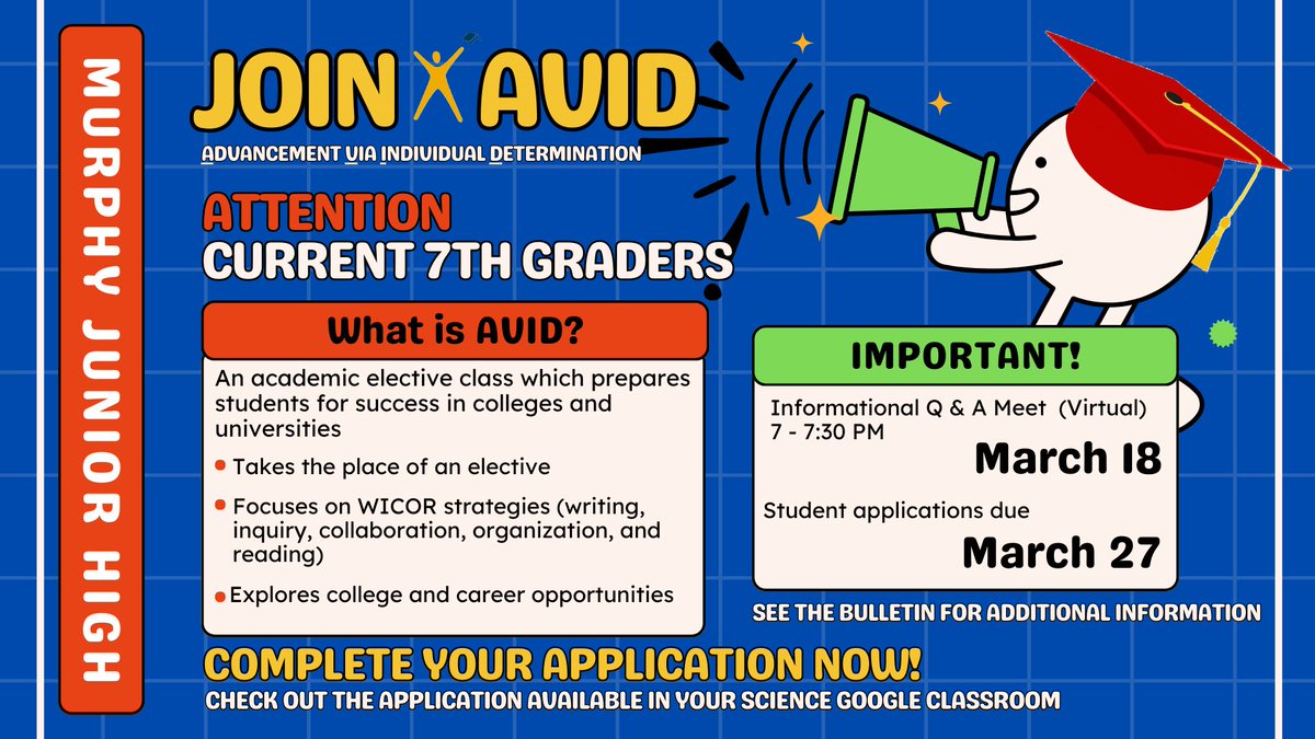 ATTENTION CURRENT 7TH GRADERS: Join AVID (Advancement Via Individual Determination)

Find out more  Informational Q &amp; A Meet (virtual) on March 18 from 7-7:30 p.m. All student applications are due on March 27.  Applications can be found in your SCIENCE Google Classroom