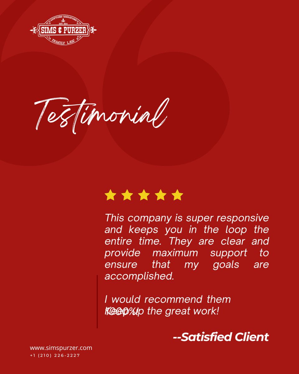 SimsPurzer's tweet photo. Clear communication and steady support can change the entire experience of a family law case. ⚖️❤️ 

Schedule a consultation with Sims &amp; Purzer.
☎️ (210) 226 2227
🌐 https://t.co/yCxSMkNHWK

#ClientTestimonial #TexasFa https://t.co/k9qX7RAamp
