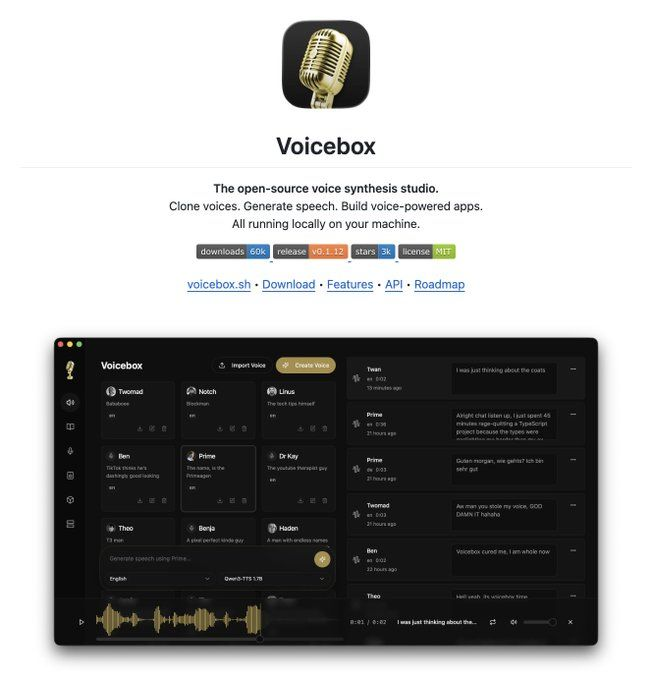 Acaban de lanzar Voicebox.

100% gratis y de código abierto (enlace al final).

Capaz de clonar cualquier voz a partir de unos pocos segundos de audio desde tu PC:
x.com/ivnways/status…