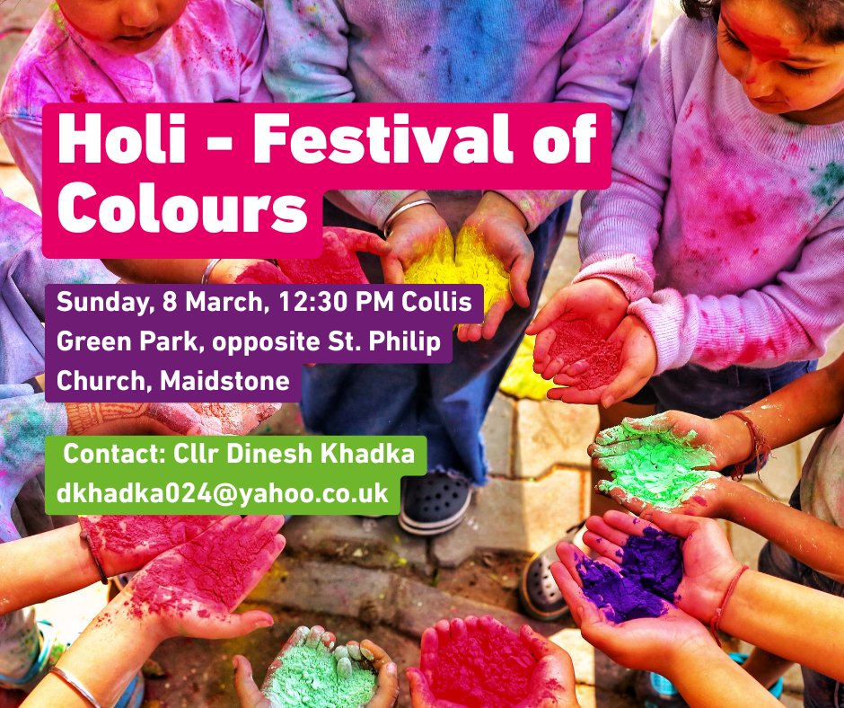maidstonebc's tweet photo. 🌈 Join us for a FREE family-friendly Holi celebration in Maidstone! 🗓️ Sunday, 8 March, 12:30 PM  📍 Collis Green Park (opp. St Philip Church)  🎨 Colors on sale &amp; generous raffle prizes! Everyone's welcome! 
For info  📧 dkhadka024@yahoo.co.uk #HoliFestival https://t.co/GMoGHKt5xL