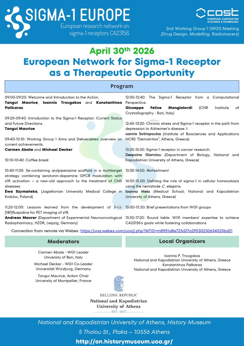 Sigma1Europe's tweet photo. 🚀 2nd WG1 Meeting – COST Action CA23156
European Network for Sigma-1 Receptor
📅 April 30, 2026
📍 Athens, Greece
💻 Online participation available

WG1 meets to strengthen collaboration and advance Sigma-1 receptor research in Europe.

#Sigma1Europe #WG1 https://t.co/CNCOK6dpXa