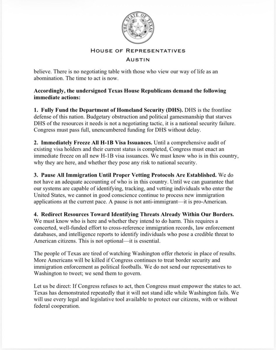 AFpost's tweet photo. More than 70 Texas House Republicans signed a letter to Congress calling for a freeze on all immigration and H-1B visa issuances in the wake of the Austin bar shooting, which was carried out by a legal immigrant from Senegal.

Follow: @AFpost https://t.co/CDDgpMiLLe