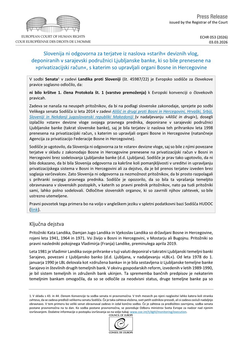 ECHR_CEDH's tweet image. Landika proti Sloveniji - Slovenija ni odgovorna za stare devizne vloge iz sarajevske podružnice Ljubljanske banke, prenesene na "privatizacijski racun" v Bosni in Hercegovini
hudoc.echr.coe.int/app/conversion…
#ECHR #CEDH #ECHRpress