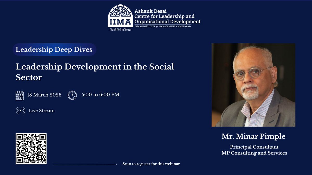 AdclodA's tweet photo. Join us for a webinar with Mr. Minar Pimple on Leadership Development in the Social Sector.

Date: March 18, 2026 | Time: 5:00–6:00 PM IST
Hosted by ADCLOD, Indian Institute of Management Ahmedabad

Register here: https://t.co/d3XaOLke5V https://t.co/IYrbZZQd64