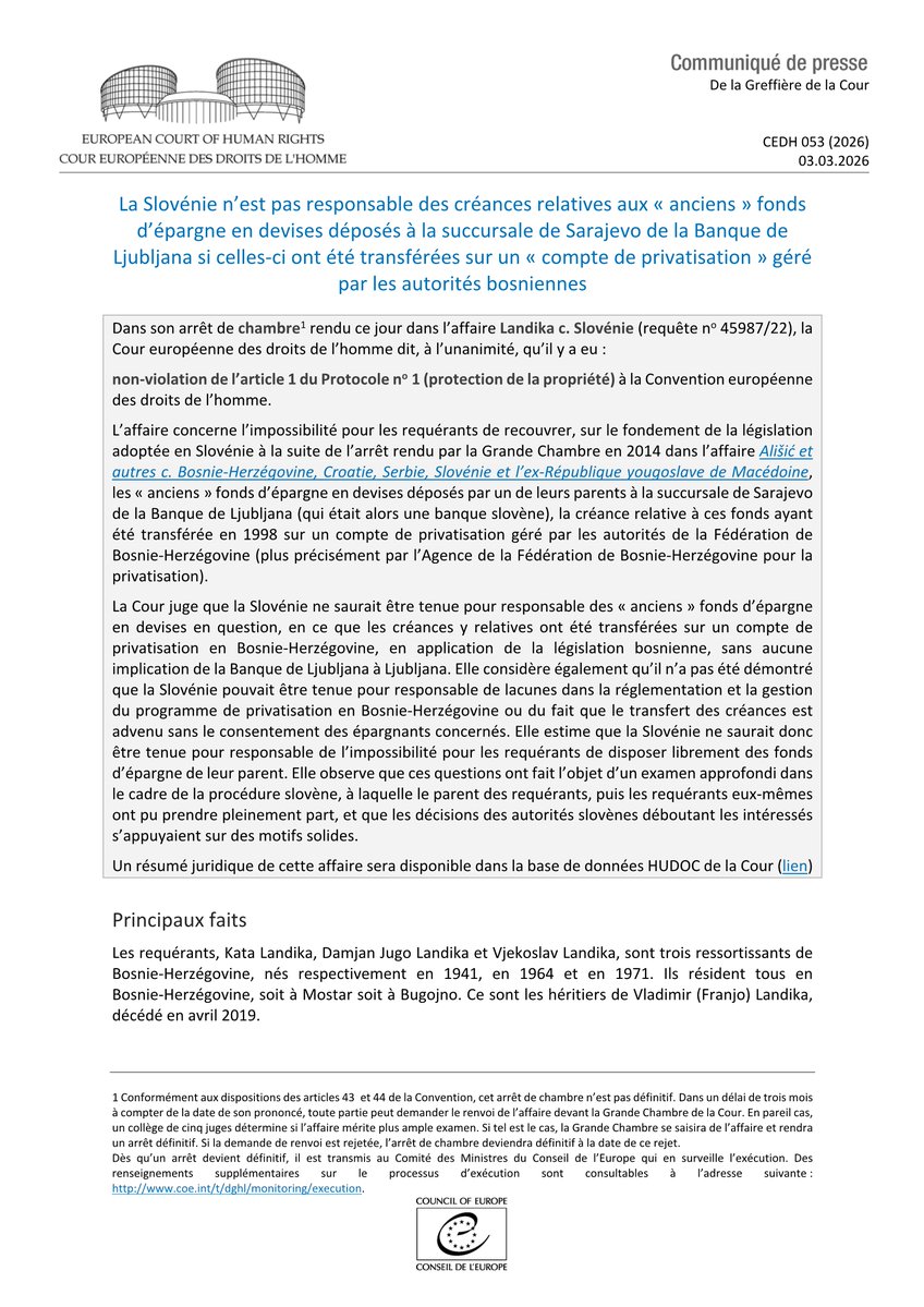ECHR_CEDH's tweet image. Landika c. Slovénie - La Slovénie n’est pas responsable des anciens fonds d’épargne en devises de la succursale de Sarajevo de la Banque de Ljubljana transférées sur un compte de privatisation en BIH
hudoc.echr.coe.int/app/conversion…
#ECHR #CEDH #ECHRpress